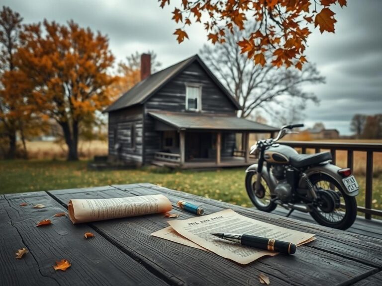 Flick International Somber scene of an old farmhouse and rustic elements representing Frank Fritz's estate