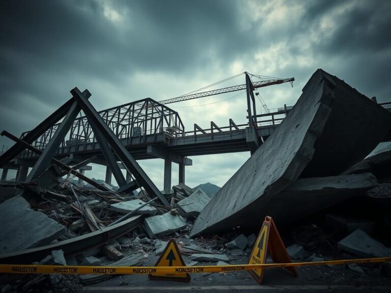 Flick International Aftermath of South Korea highway construction collapse with twisted metal and concrete debris