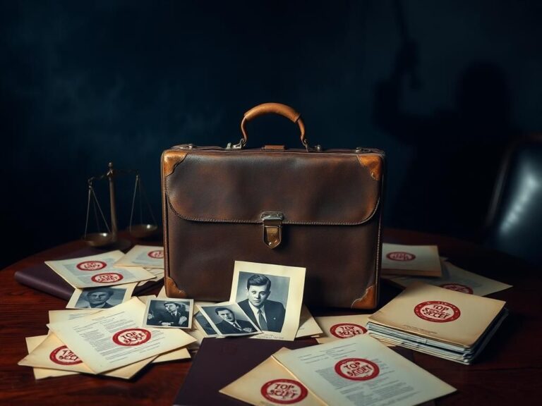 Flick International Aged leather-bound briefcase and classified documents related to JFK and Epstein files