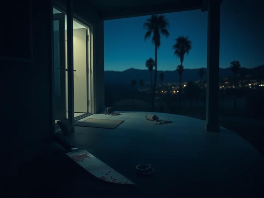 Flick International Dimly lit California patio at twilight with a bloody kitchen knife on the ground