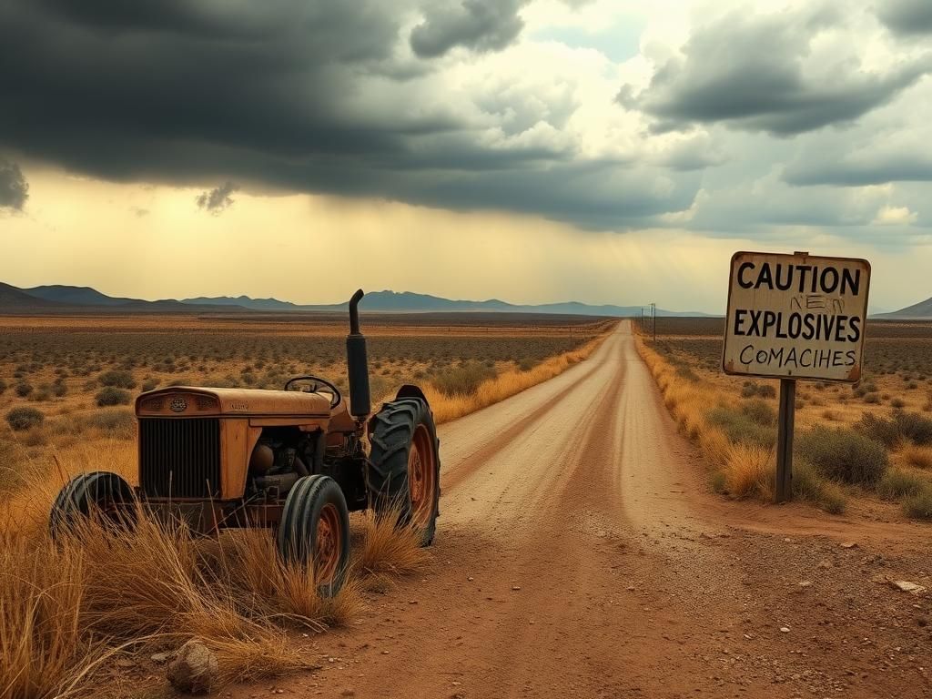 Flick International Abandoned tractor on a dirt road near the Texas-Mexico border with caution sign