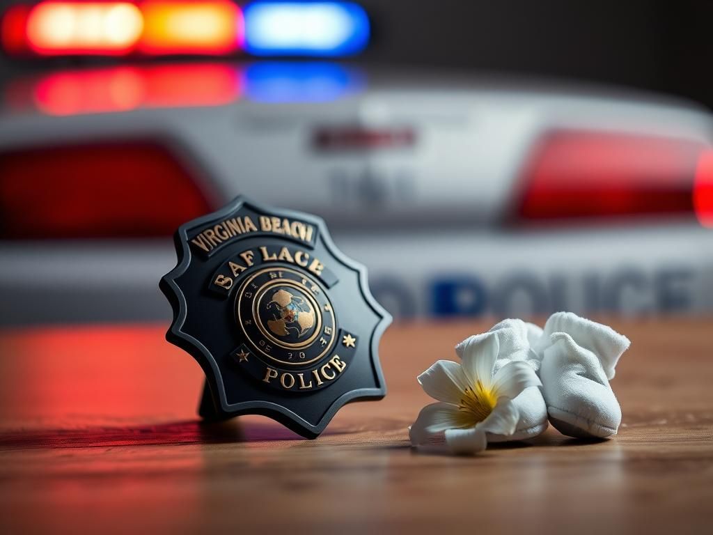 Flick International Virginia Beach police badge alongside baby booties symbolizing a fallen officer's sacrifice and his role as an expectant father