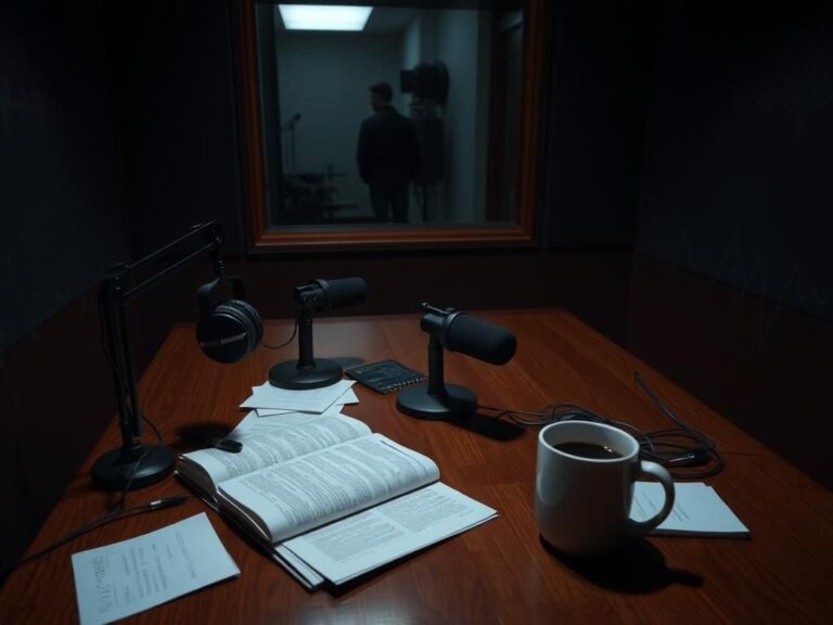 Flick International Dimly lit podcast studio with microphones and headphones on a wooden table