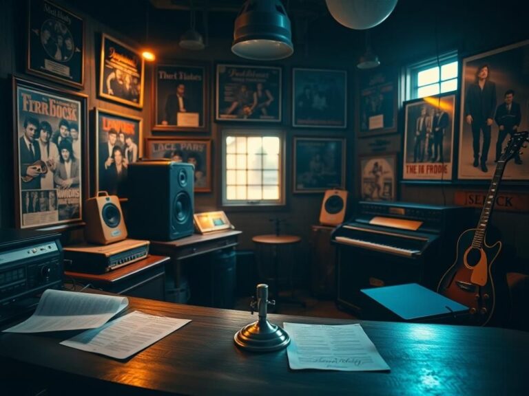 Flick International Vintage recording studio filled with musical instruments and iconic rock memorabilia