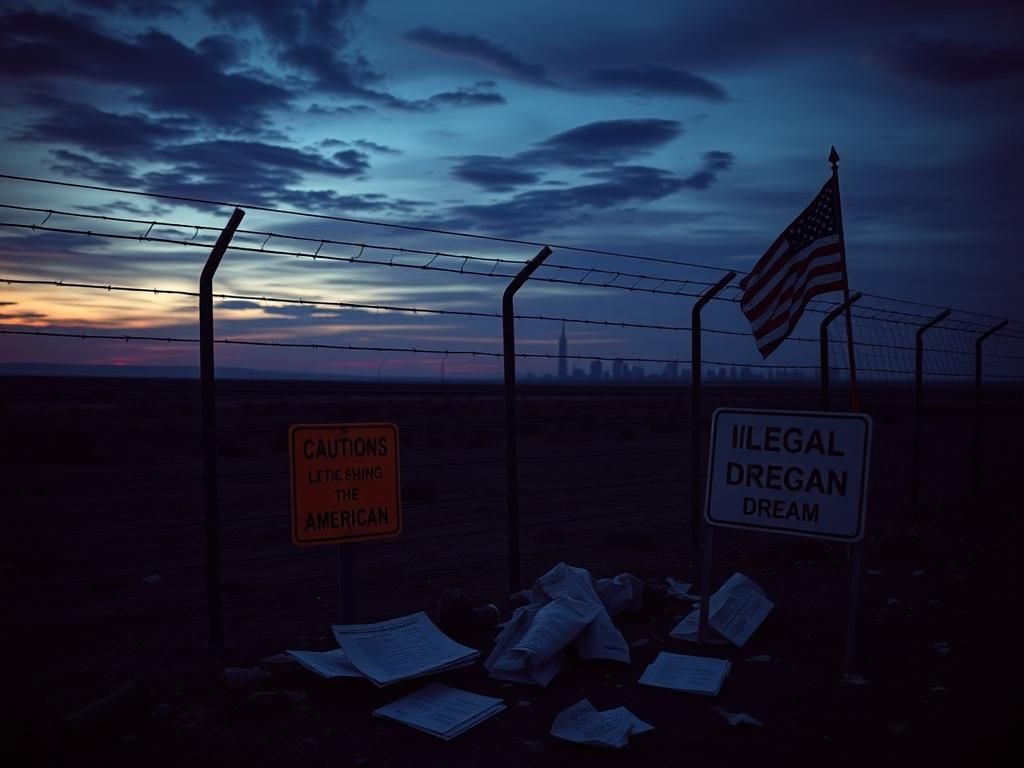 Flick International Dramatic border fence under dusky sky symbolizing immigration issues