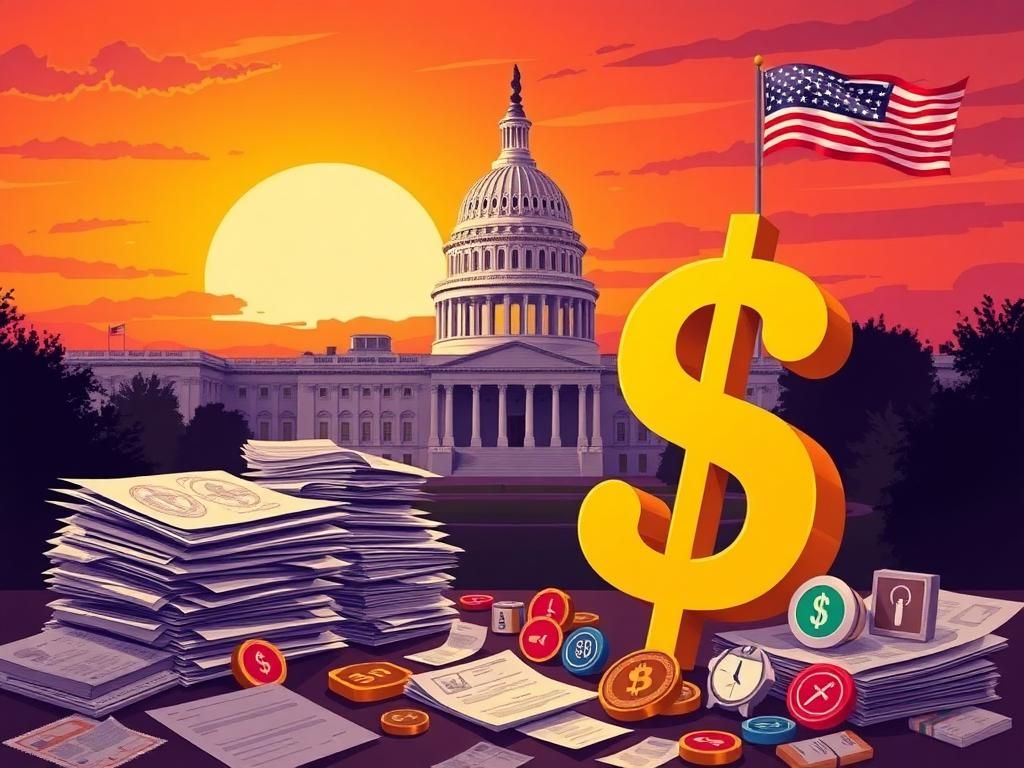 Flick International Illustration of the U.S. Capitol building at sunset with symbolic legislation stacks and dollar sign