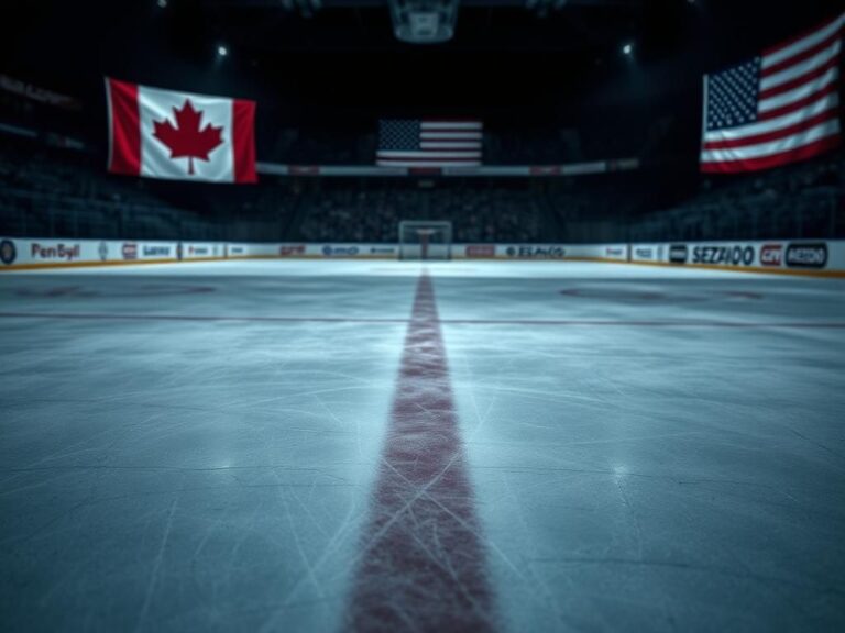 Flick International Close-up of an ice hockey rink surface with scuff marks, showcasing the intensity of the USA-Canada rivalry.