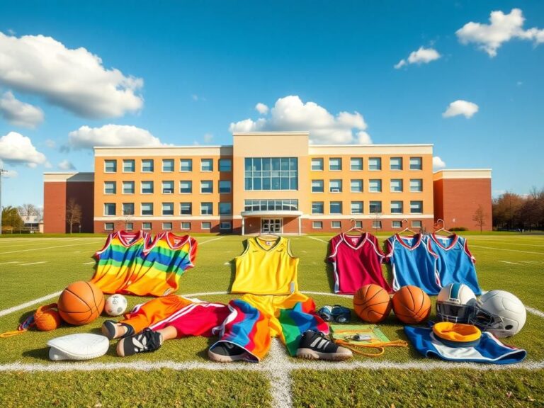 Flick International Vibrant scene of empty girls’ sports uniforms and equipment showcasing diversity and inclusivity.