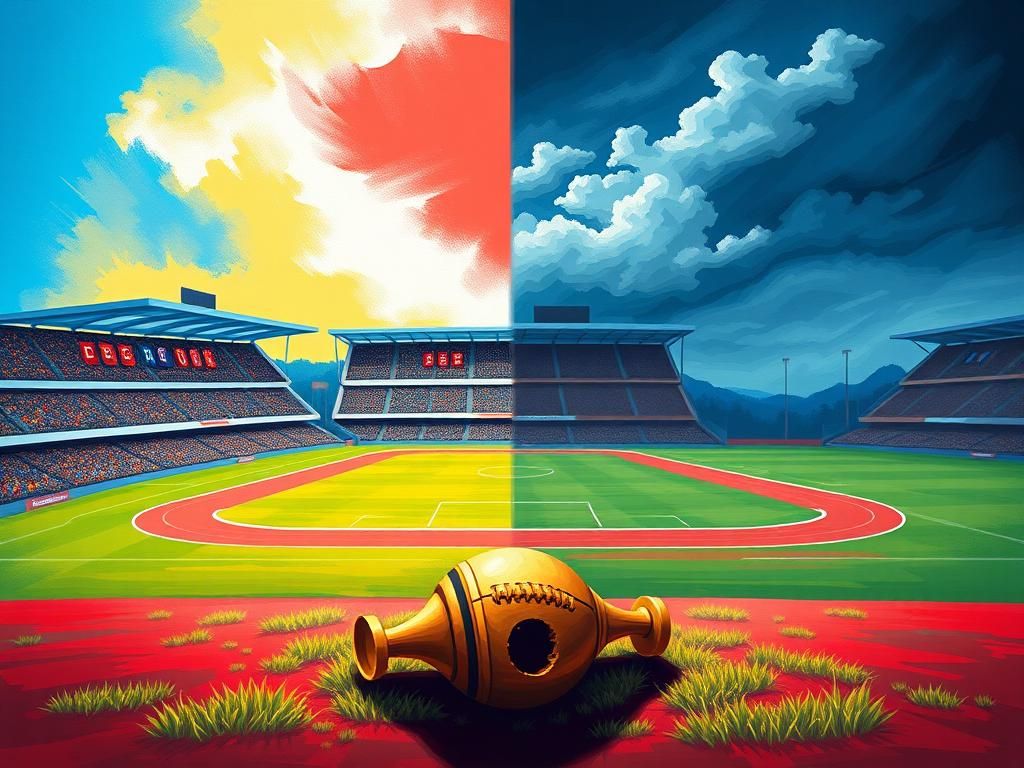 Flick International Split-screen illustration contrasting a vibrant sports arena with an empty sports field, symbolizing the debate over transgender athletes in women's sports.