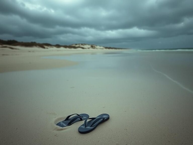 Flick International Coastal scene of Woorim Beach, Queensland, under an overcast sky, depicting the serene yet somber atmosphere following a tragic shark attack