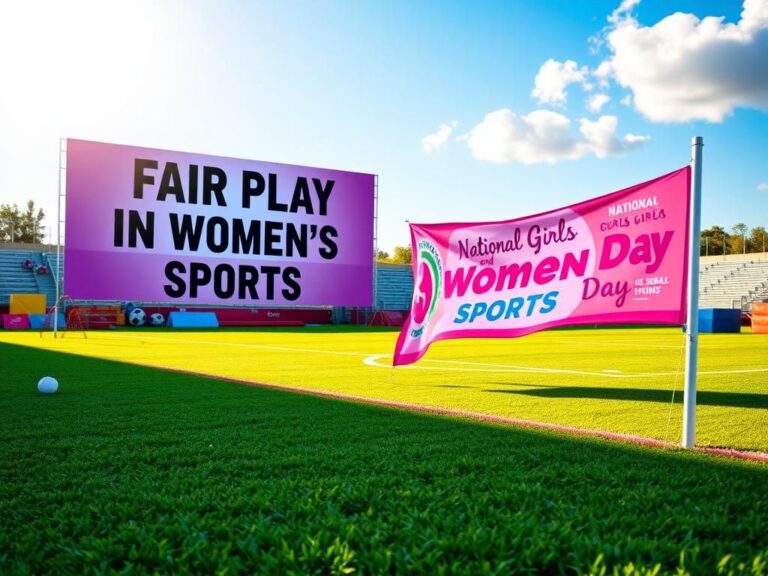 Flick International Dynamic sports field with sign promoting fair play in women's sports