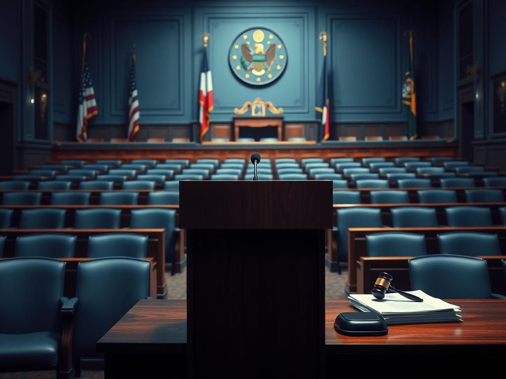 Flick International Empty legislative chamber with a wooden podium symbolizing censorship