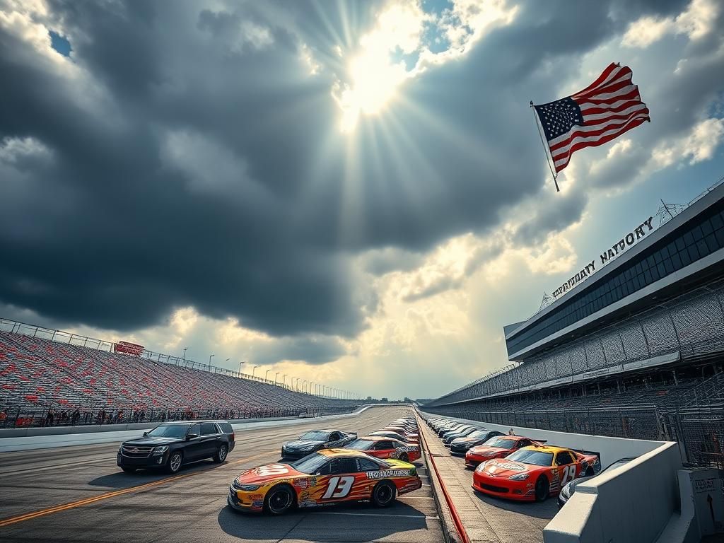 Flick International Vibrant scene at Daytona International Speedway featuring NASCAR cars and President Trump's limousine.