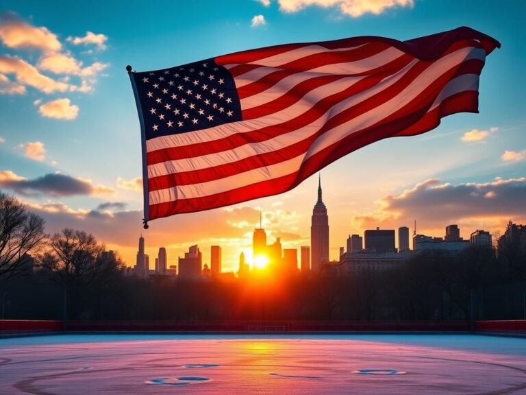 Flick International American flag billowing in the wind against a vibrant sunrise with New York City skyline