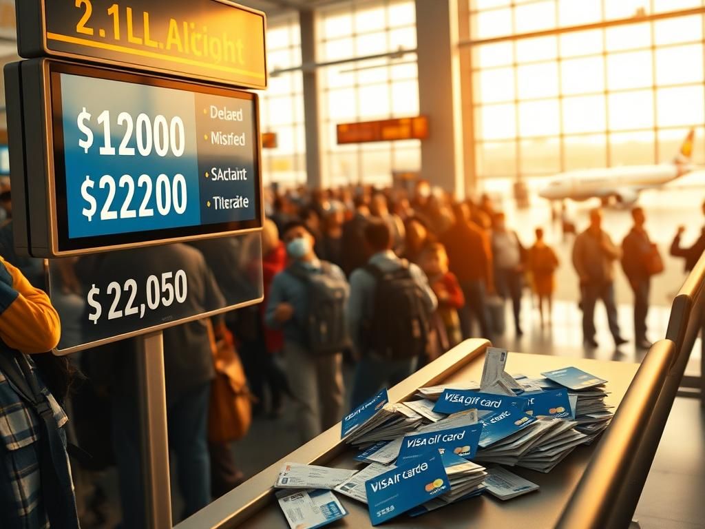 Flick International Bustling airport scene showing travelers at a crowded gate with a digital flight information board