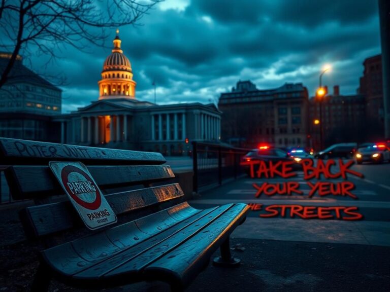 Flick International A weathered park bench with a 'No Parking' sign in front of Boston's State House at twilight