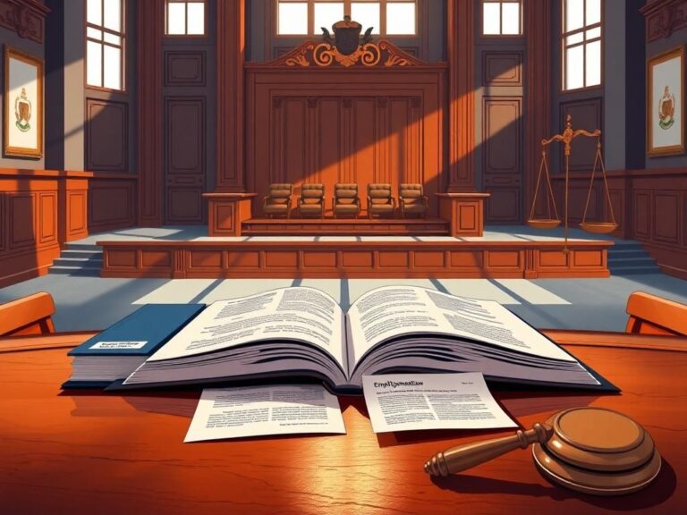 Flick International Courtroom setting with ornate wooden bench and legal documents symbolizing employment law