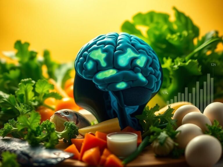 Flick International Close-up of a brain scan showing white matter lesions against a backdrop of vitamin B12-rich foods