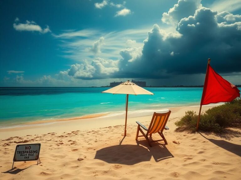 Flick International A serene beach scene in Mexico depicting an empty beach chair and ominous warning signs