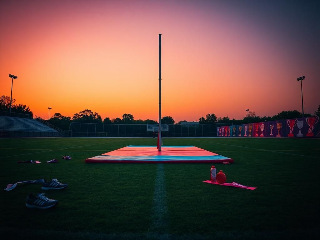 Flick International Dynamic sports field during sunset with pole vaulting equipment for women's athletics