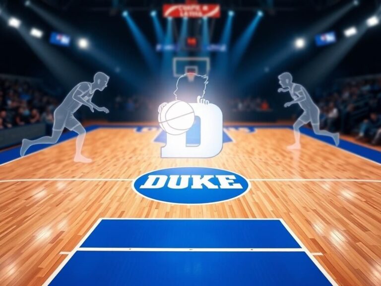 Flick International High angle view of a dynamic basketball court featuring the Duke Blue Devils logo