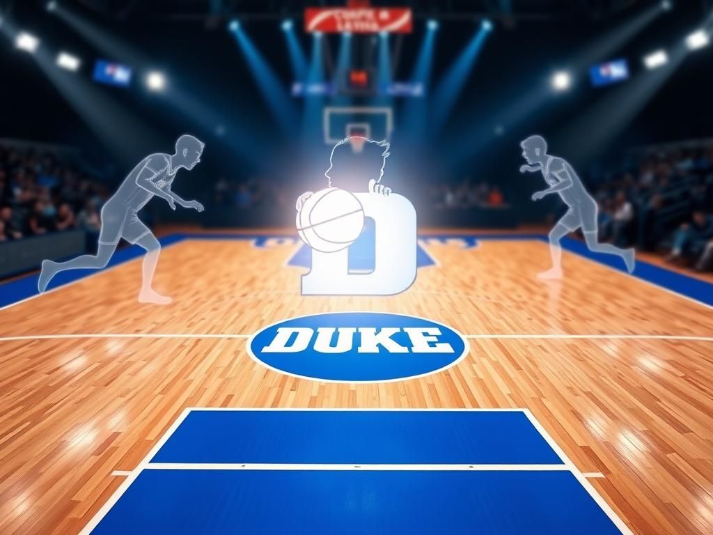 Flick International High angle view of a dynamic basketball court featuring the Duke Blue Devils logo