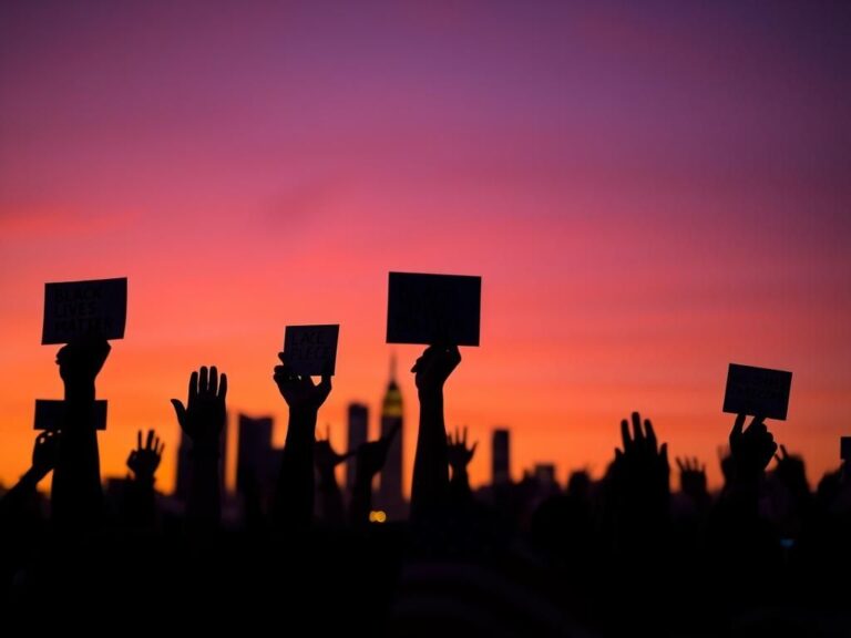 Flick International Diverse group of raised hands holding placards with messages of unity and social justice against a city skyline