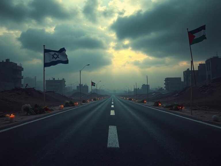 Flick International Desolate road in a conflict zone with memorial candles and flags