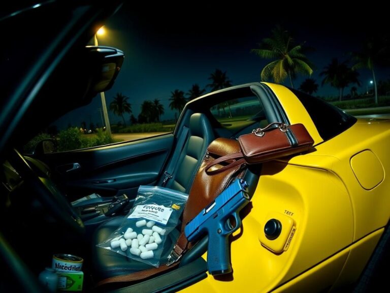 Flick International Yellow Corvette parked under streetlight with handgun and drug paraphernalia inside during nighttime in Florida