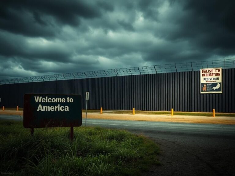 Flick International An empty border checkpoint with a rusted 'Welcome to America' sign and a tall wall in the background