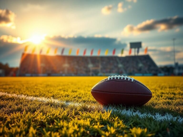 Flick International Vibrant football field at sunrise with symbols of faith