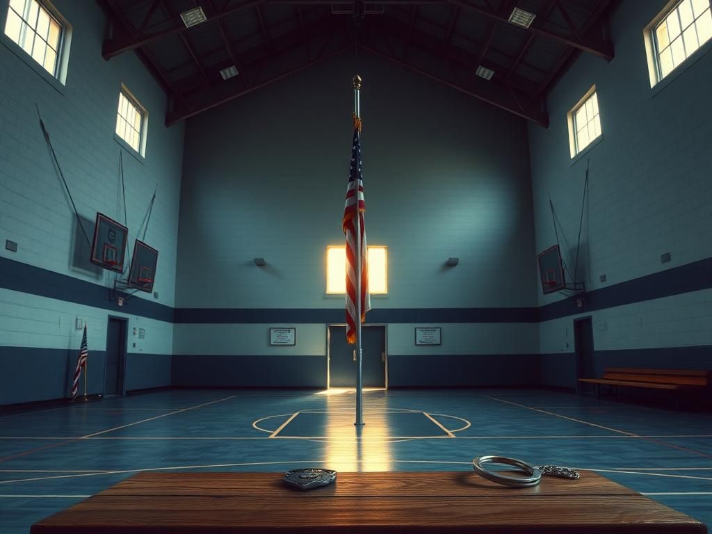 Flick International Dimly lit gymnasium with empty flagpole, representing the community controversy over the Trump flag