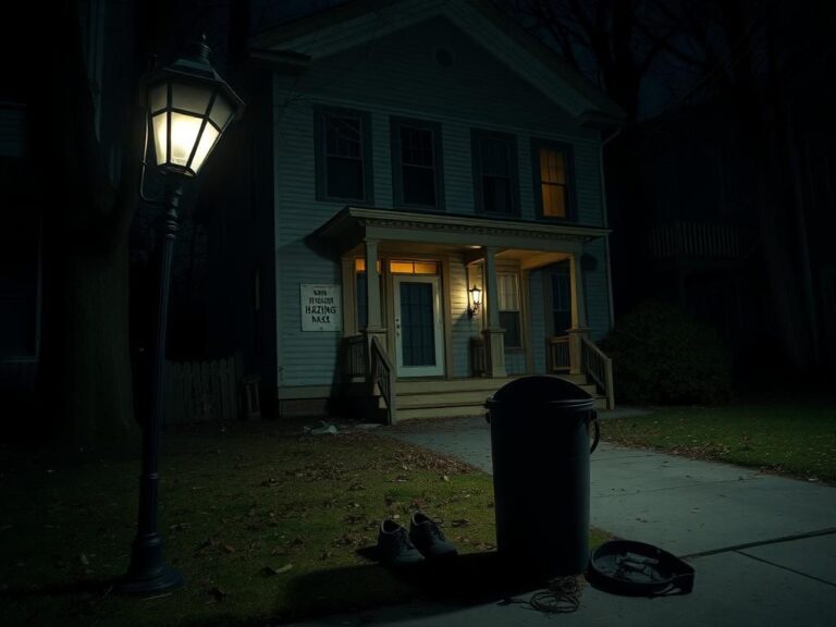 Flick International Dimly lit exterior of a college fraternity house hinting at dark secrets