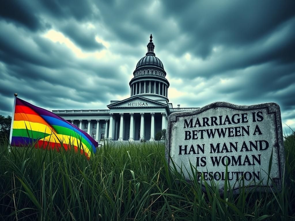 Flick International Vibrant rainbow flag waving in front of the Michigan state capitol building