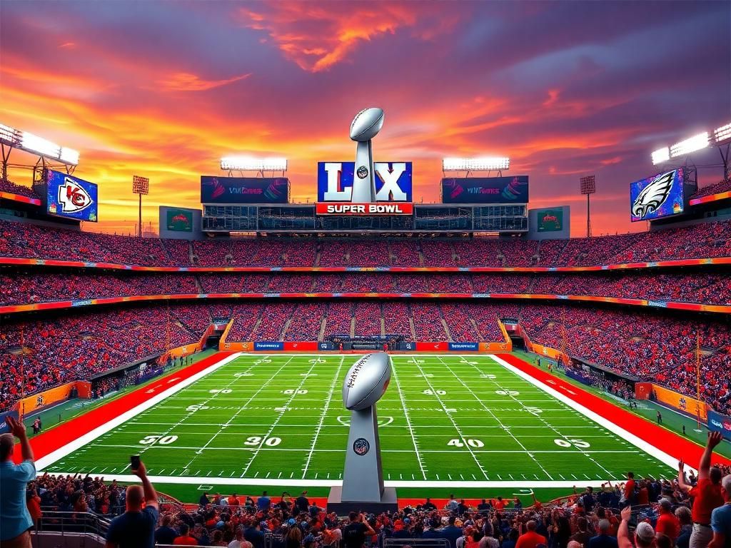 Flick International Vibrant Super Bowl LIX stadium scene in New Orleans with painted field