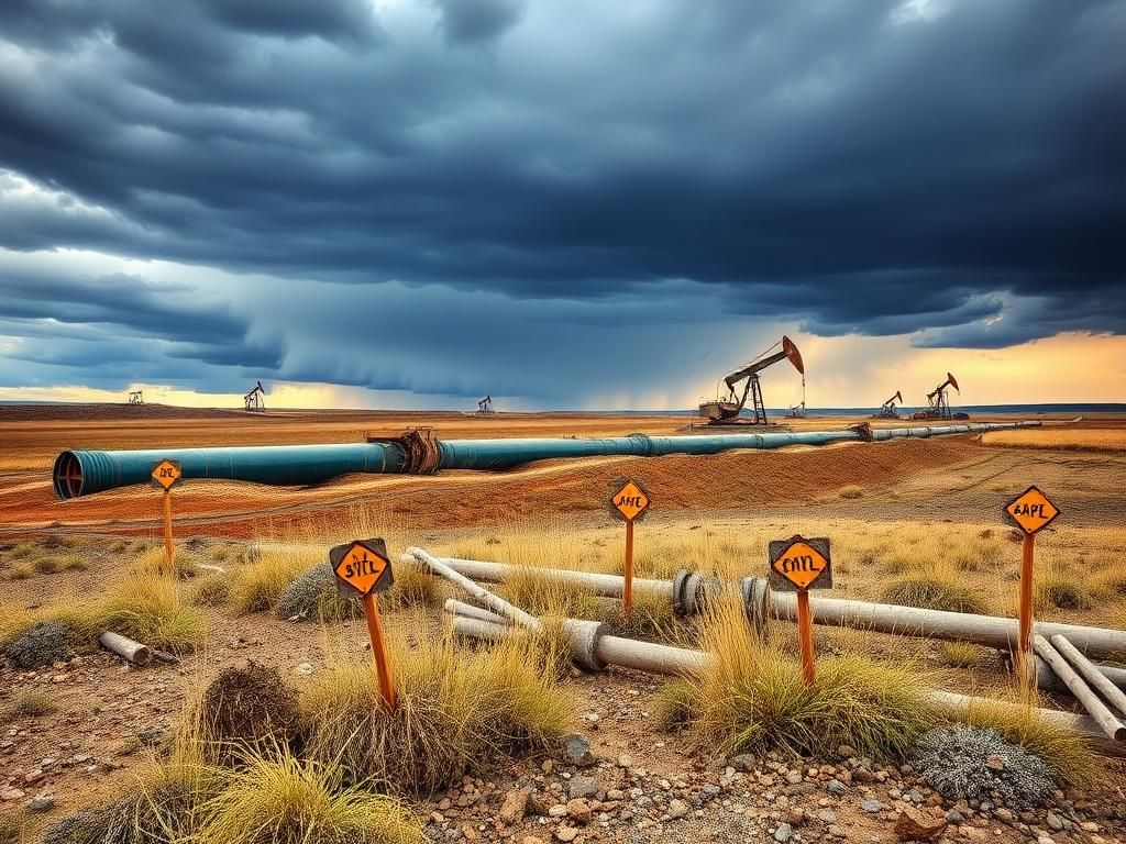 Flick International A landscape view of a partially constructed oil pipeline with overgrown equipment