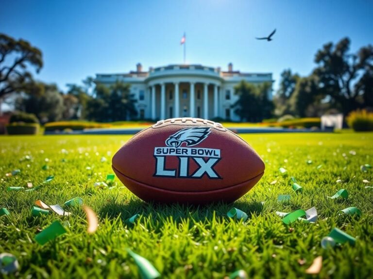 Flick International Grand view of the White House with a Super Bowl football symbolizing Eagles' victory