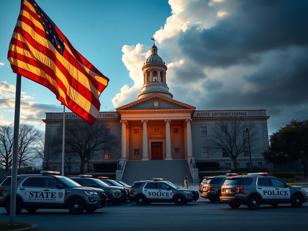 Flick International Exterior of a government building illuminated by early morning light with a large American flag in the foreground