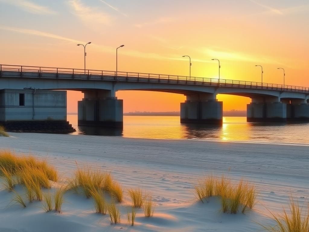 Flick International Deteriorating Ponquogue Bridge at sunset in a serene coastal setting