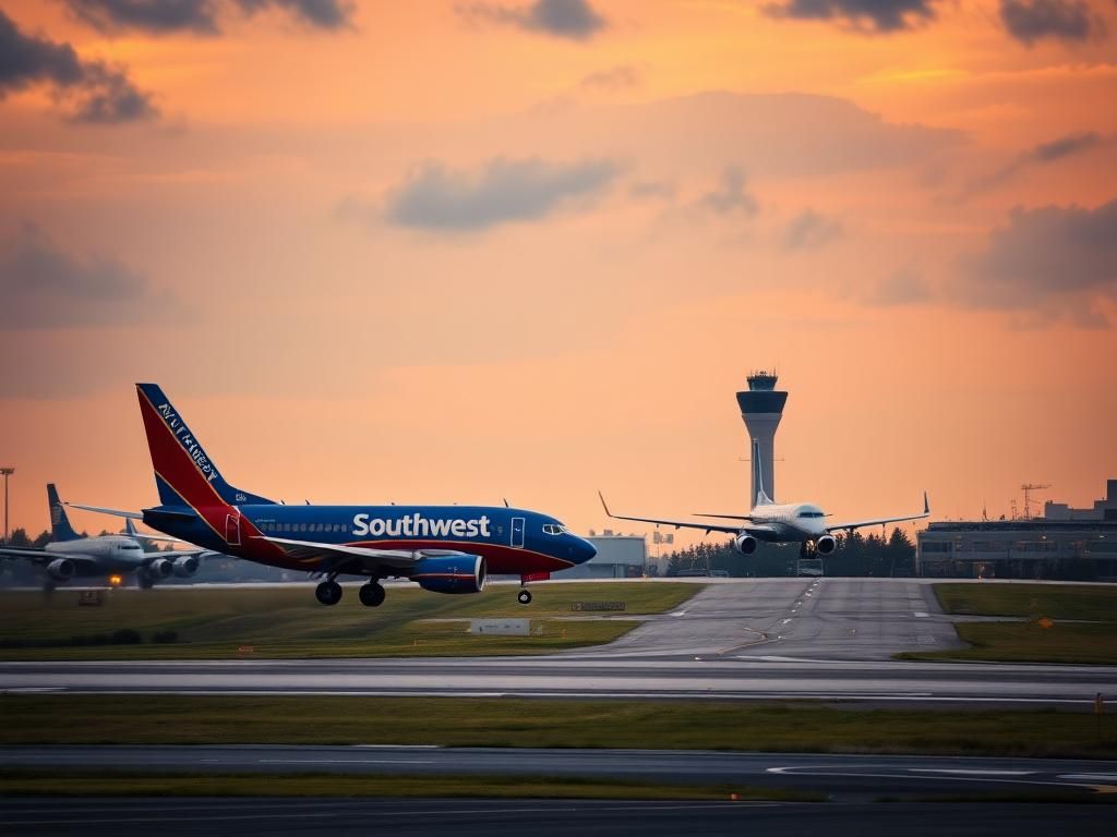 Flick International Aerial view of a Southwest Airlines plane landing near a Flexjet aircraft on a Chicago runway