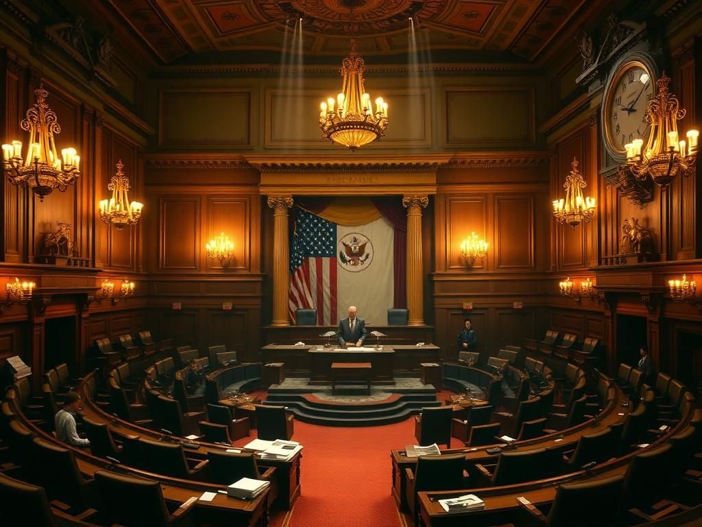 Flick International Grand legislative chamber with empty seats and podium awaiting discussions