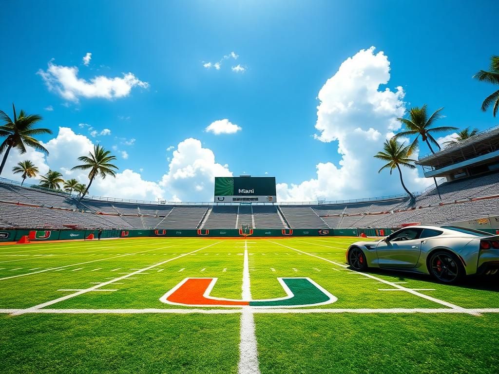 Flick International Vibrant college football field showcasing Miami Hurricanes logo under a sunny sky