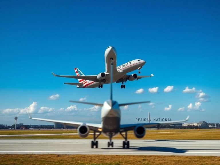 Flick International American Airlines jet climbing above Reagan National Airport during near miss incident