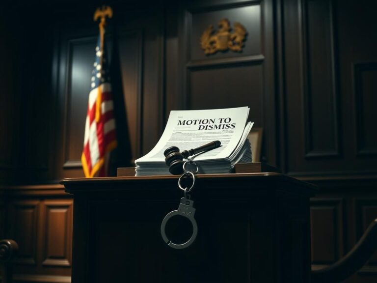 Flick International Dimly lit courtroom featuring a judge's bench with legal documents and handcuffs