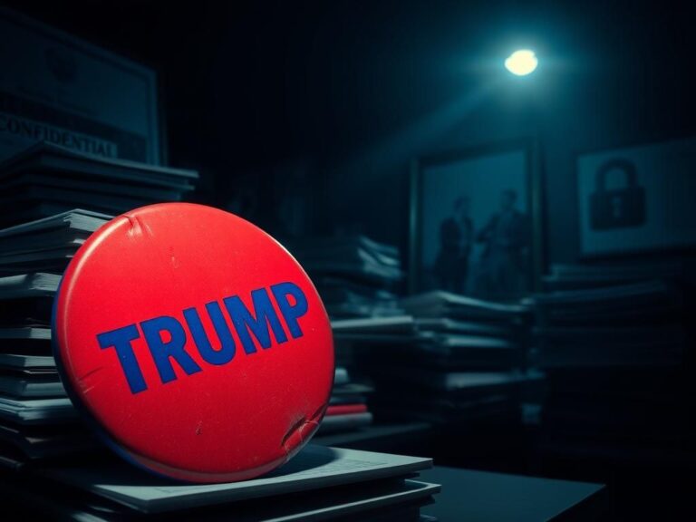 Flick International Stacks of confidential documents in a dimly lit room with a Trump campaign button in the foreground