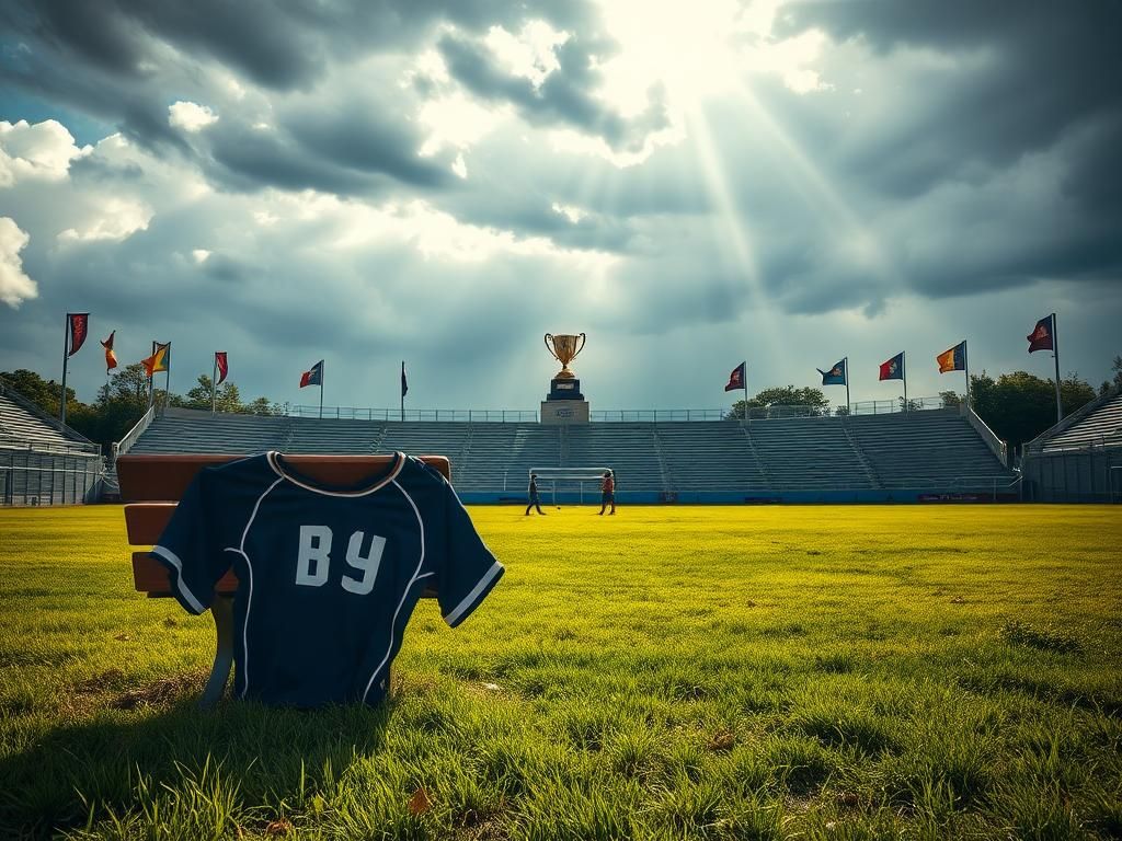 Flick International Worn women's sports jersey draped on a bench in a deserted sports field