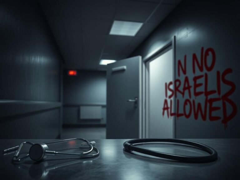 Flick International Dark hospital corridor with abandoned stethoscope and anti-Semitic graffiti