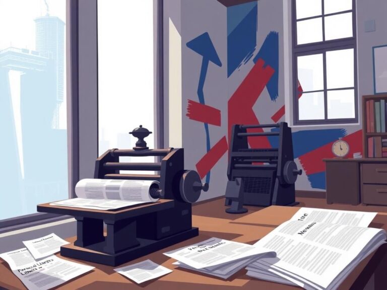 Flick International Digital illustration of a newspaper office with a printing press and scattered papers