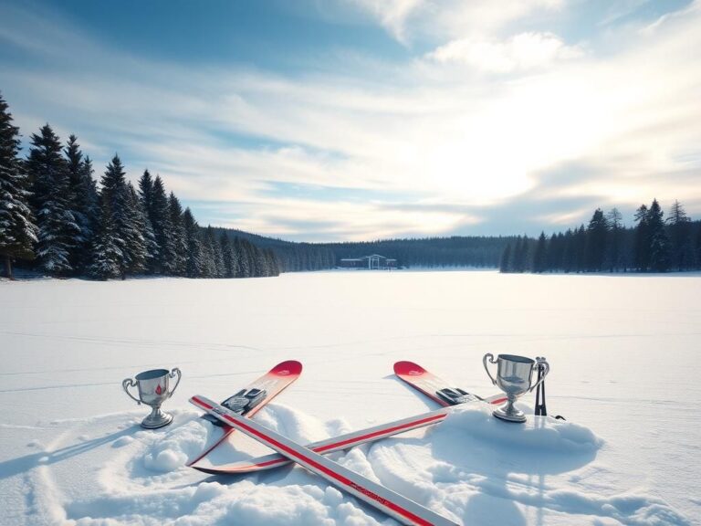 Flick International A serene winter landscape with crossed skis in Maine's Nordic skiing championship