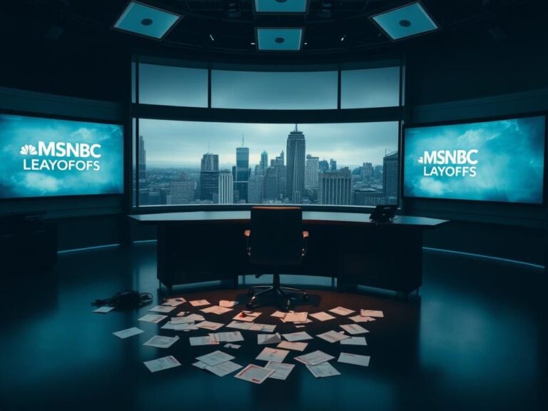 Flick International Dimly lit television studio set representing MSNBC production cuts